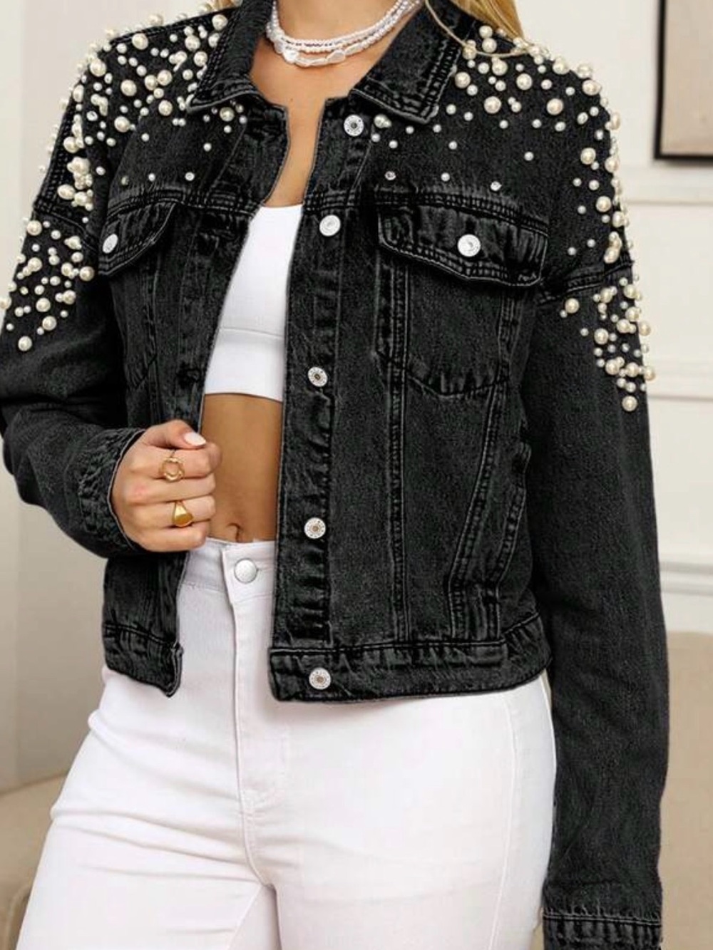Studded Denim Jacket - Black with Pearl Embellishments